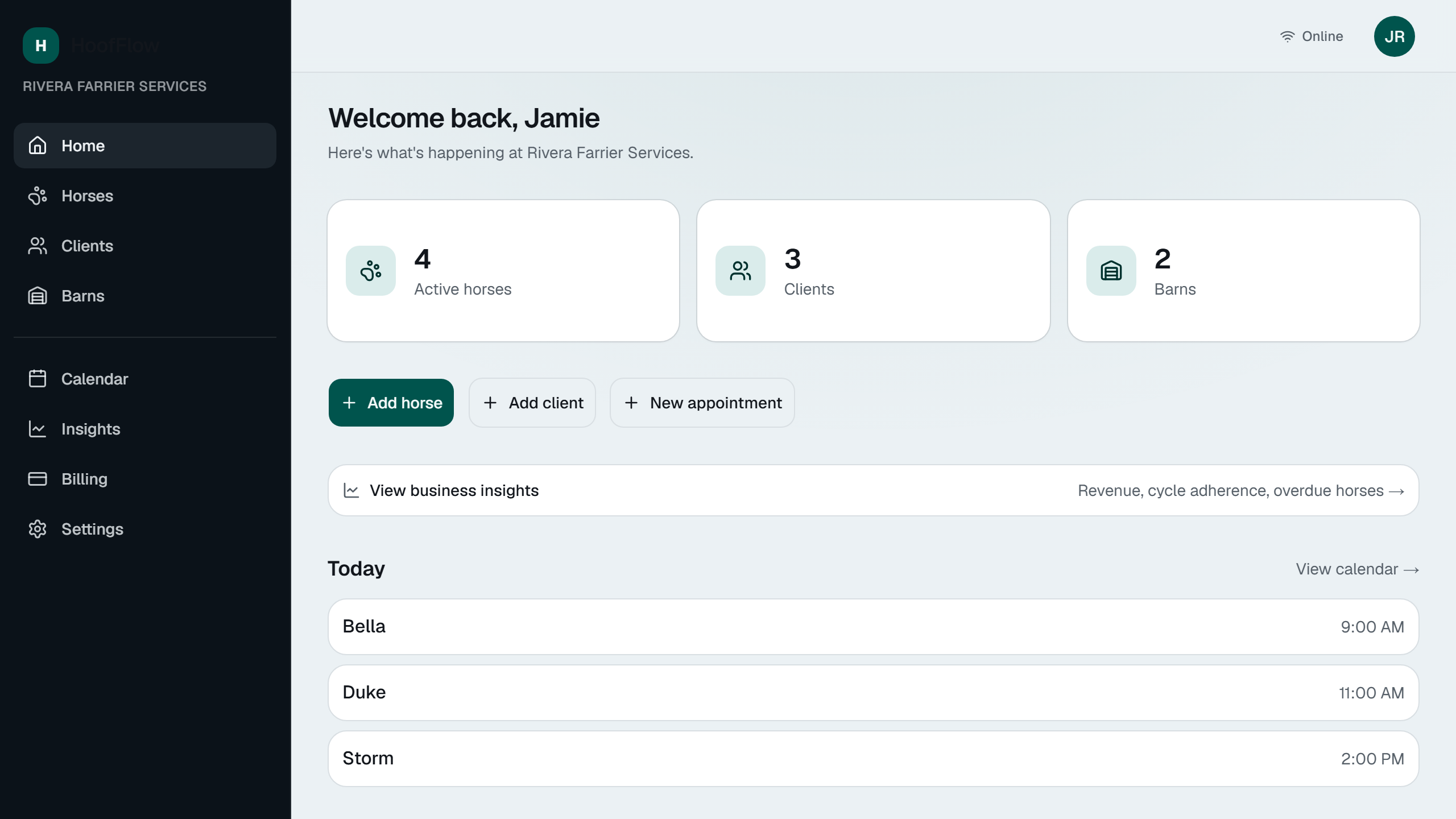 HoofFlow dashboard showing today's appointments, due horses and quick actions